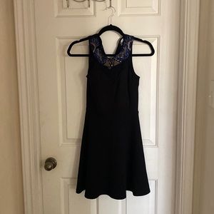 Black mini dress, skater dress with collar embellishments